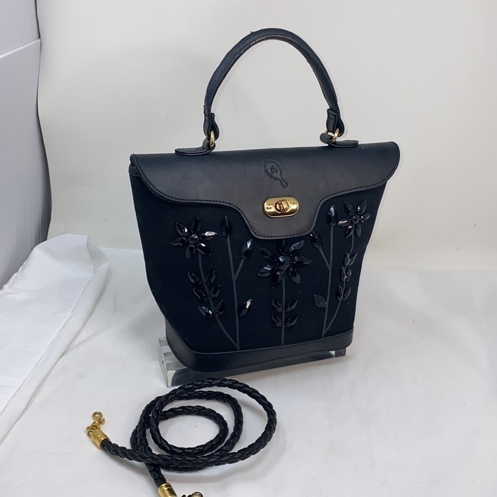Lulu Guinness London Black Cotton Beaded Handbag Crossbody Bag